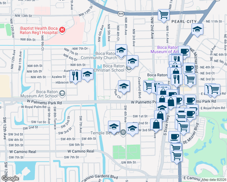map of restaurants, bars, coffee shops, grocery stores, and more near 481 Northwest 1st Street in Boca Raton
