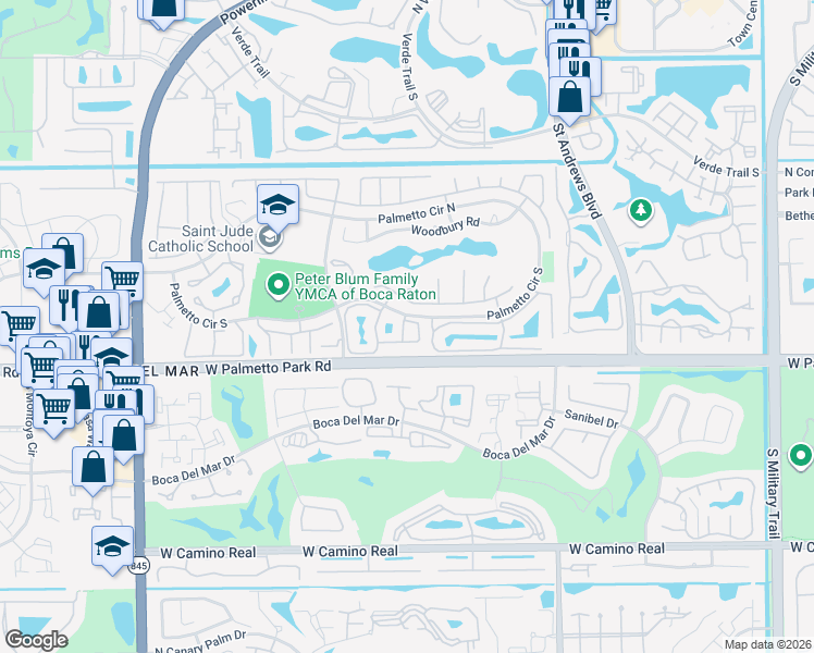 map of restaurants, bars, coffee shops, grocery stores, and more near 6262 Walk Circle in Boca Raton
