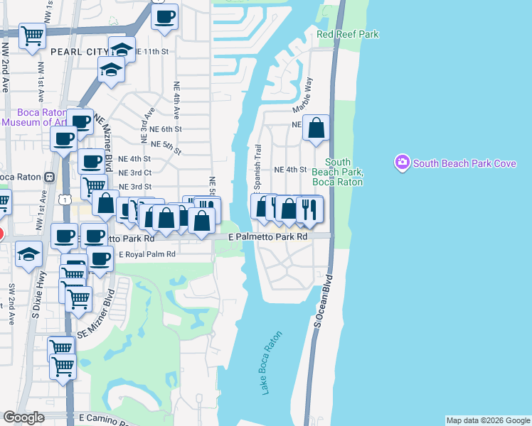 map of restaurants, bars, coffee shops, grocery stores, and more near 121 Northeast Spanish Court in Boca Raton