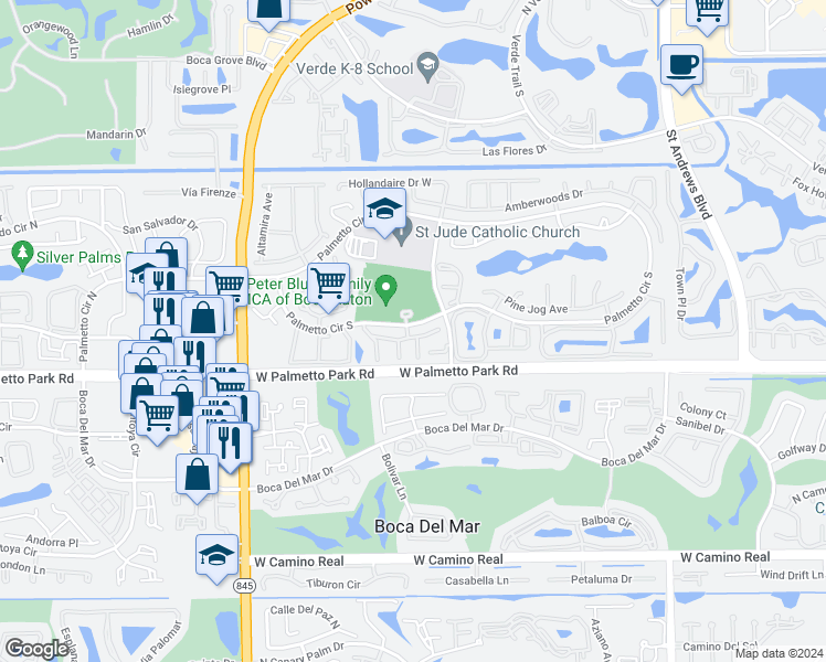 map of restaurants, bars, coffee shops, grocery stores, and more near 6617 Somerset Drive in Boca Raton