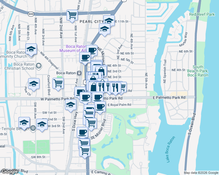 map of restaurants, bars, coffee shops, grocery stores, and more near 100 Northeast Mizner Boulevard in Boca Raton