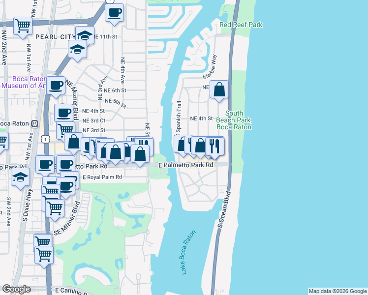map of restaurants, bars, coffee shops, grocery stores, and more near 121 Northeast Spanish Court in Boca Raton