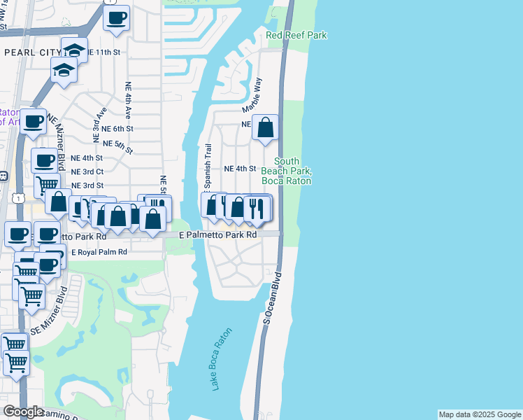 map of restaurants, bars, coffee shops, grocery stores, and more near 123 Northeast Wavecrest Way in Boca Raton