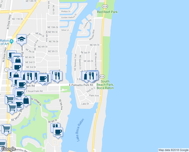map of restaurants, bars, coffee shops, grocery stores, and more near 123 Northeast Wavecrest Way in Boca Raton