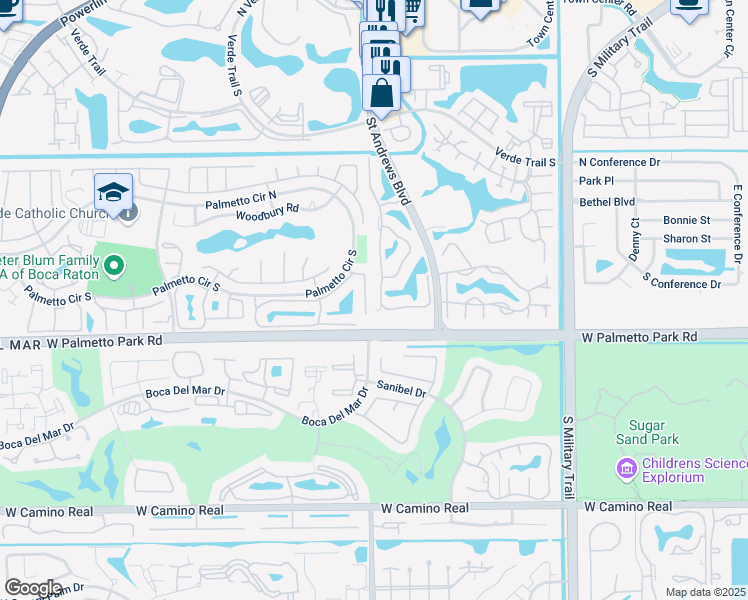map of restaurants, bars, coffee shops, grocery stores, and more near 21801 Town Place Drive in Boca Raton