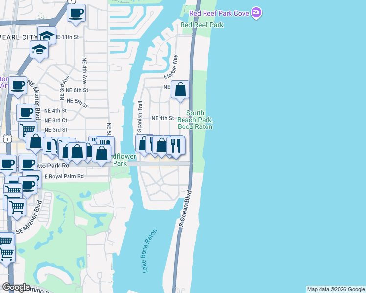 map of restaurants, bars, coffee shops, grocery stores, and more near 123 Northeast Wavecrest Way in Boca Raton