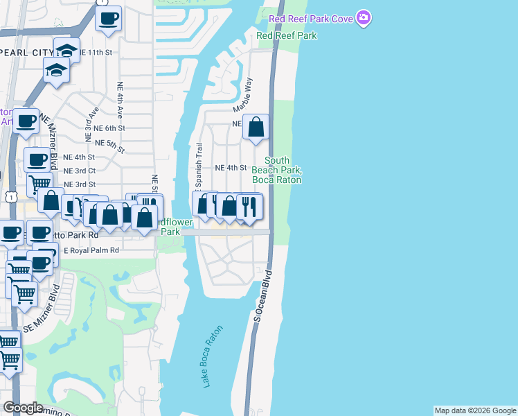 map of restaurants, bars, coffee shops, grocery stores, and more near 123 Northeast Wavecrest Way in Boca Raton