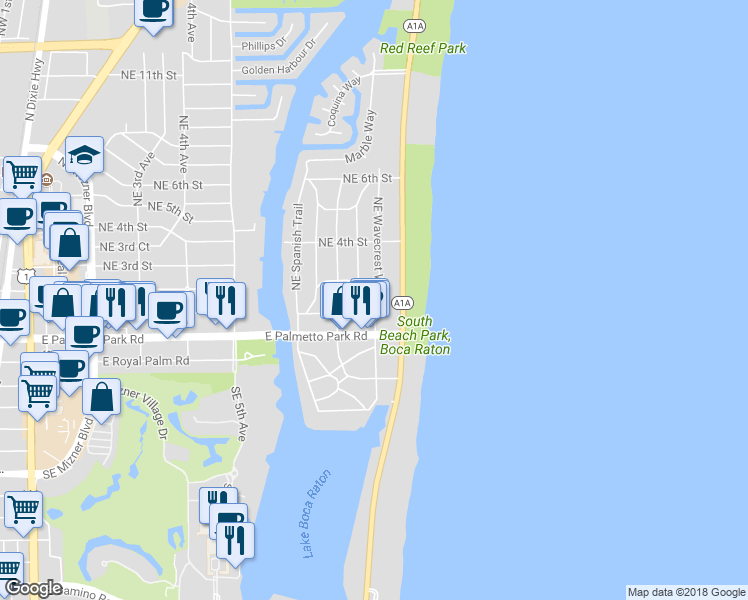 map of restaurants, bars, coffee shops, grocery stores, and more near 123 Northeast Wavecrest Way in Boca Raton