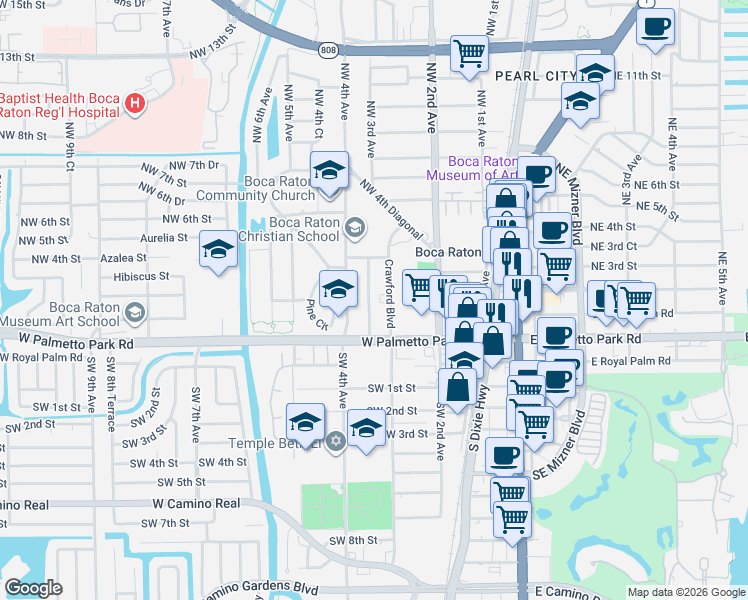 map of restaurants, bars, coffee shops, grocery stores, and more near 180 Northwest 3rd Court in Boca Raton