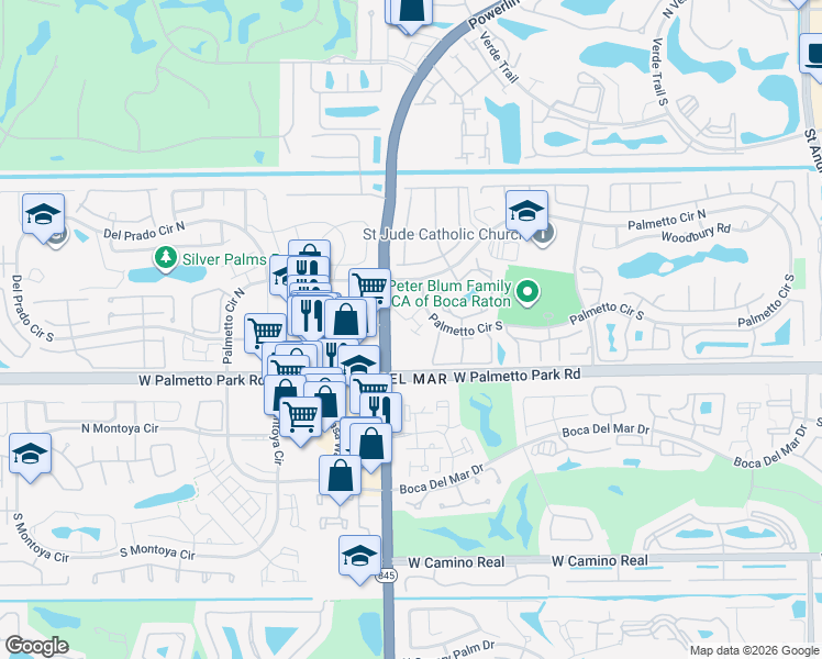 map of restaurants, bars, coffee shops, grocery stores, and more near 6902 Palmetto Circle South in Boca Raton