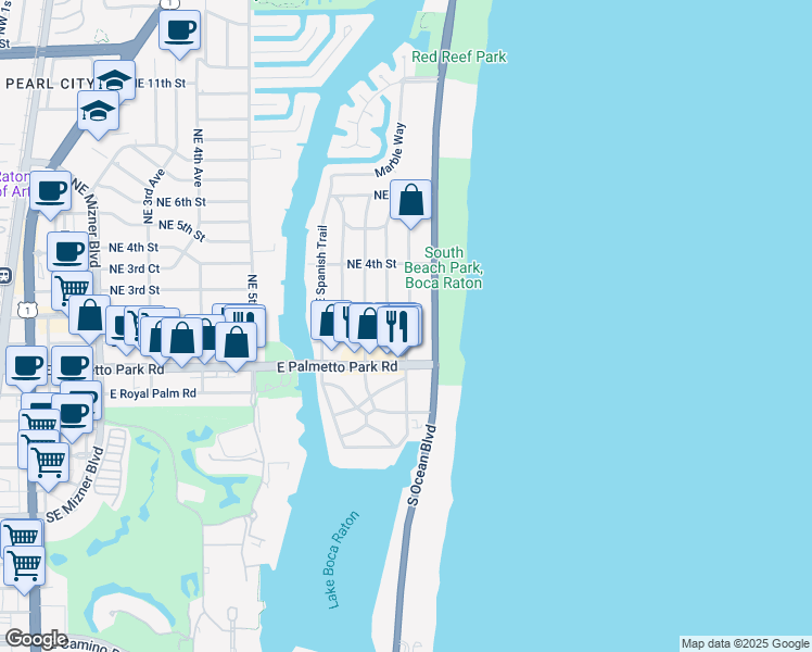 map of restaurants, bars, coffee shops, grocery stores, and more near 123 Northeast Wavecrest Way in Boca Raton