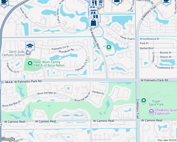 map of restaurants, bars, coffee shops, grocery stores, and more near 21801 Town Place Drive in Boca Raton