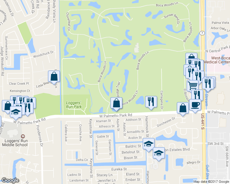 map of restaurants, bars, coffee shops, grocery stores, and more near 21823 Old Bridge Trail in Boca Raton