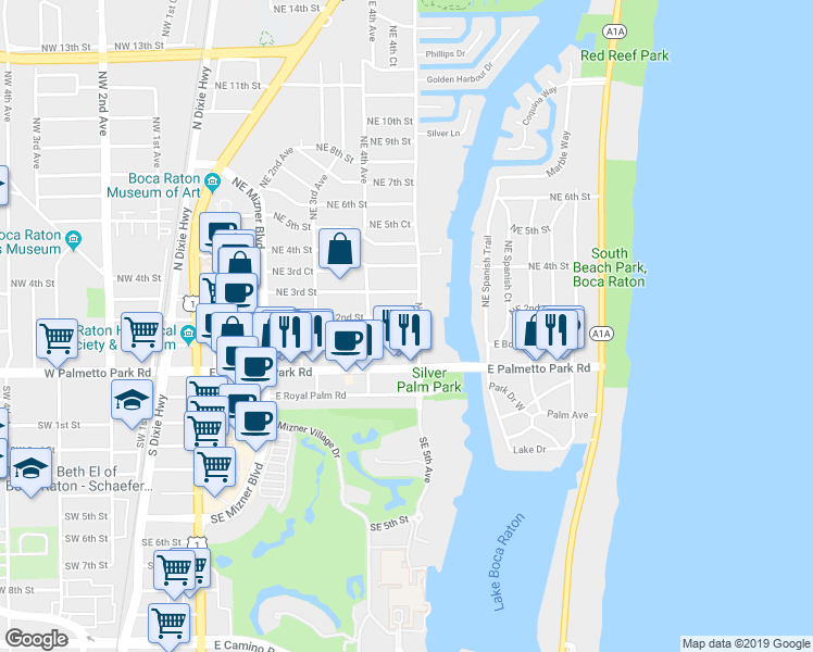 map of restaurants, bars, coffee shops, grocery stores, and more near 130 Northeast 5th Avenue in Boca Raton