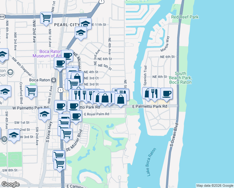 map of restaurants, bars, coffee shops, grocery stores, and more near 430 Northeast 2nd Street in Boca Raton