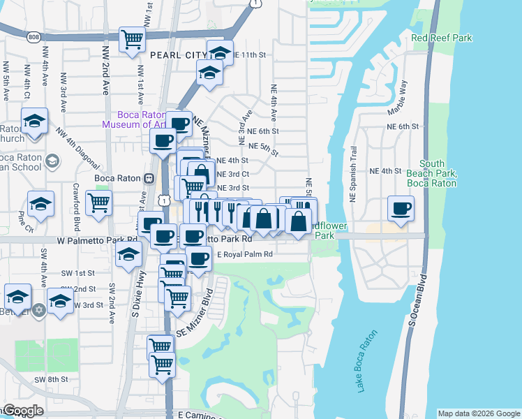 map of restaurants, bars, coffee shops, grocery stores, and more near 344 Northeast 2nd Street in Boca Raton