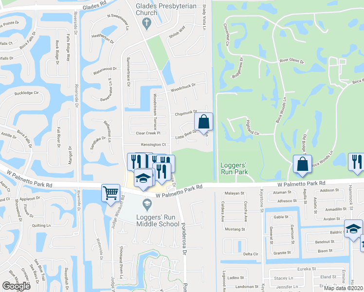 map of restaurants, bars, coffee shops, grocery stores, and more near 21780 Little Bear Court in Boca Raton
