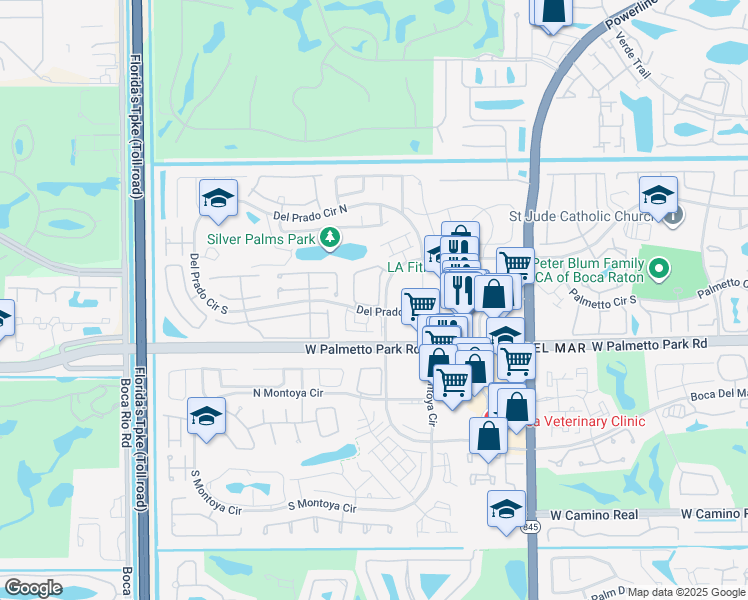 map of restaurants, bars, coffee shops, grocery stores, and more near 161 Lake Forest Circle in Boca Raton