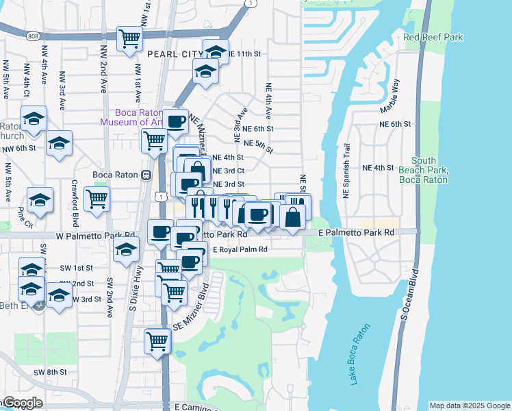 map of restaurants, bars, coffee shops, grocery stores, and more near 344 Northeast 2nd Street in Boca Raton