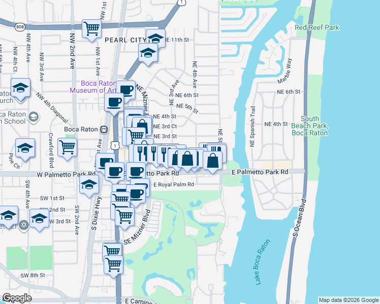 map of restaurants, bars, coffee shops, grocery stores, and more near 344 Northeast 2nd Street in Boca Raton