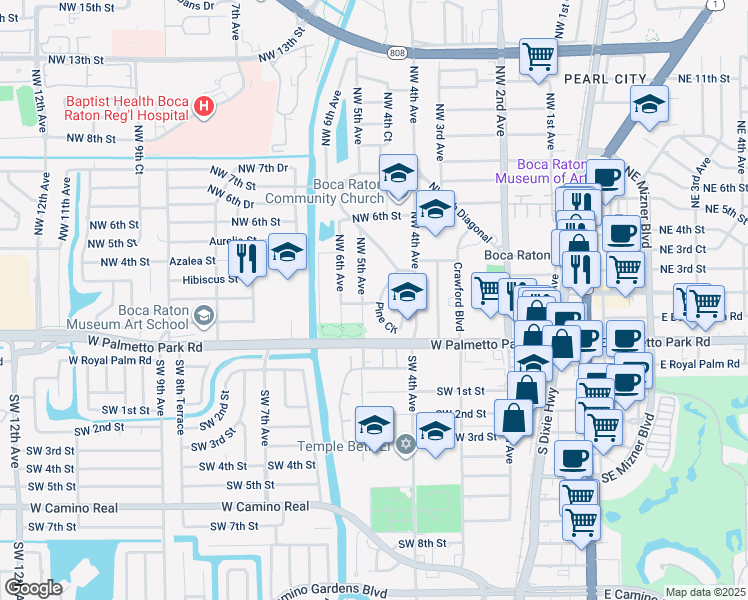 map of restaurants, bars, coffee shops, grocery stores, and more near 481 Northwest 1st Street in Boca Raton