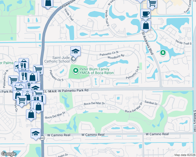 map of restaurants, bars, coffee shops, grocery stores, and more near 6385 Boca Circle in Boca Raton