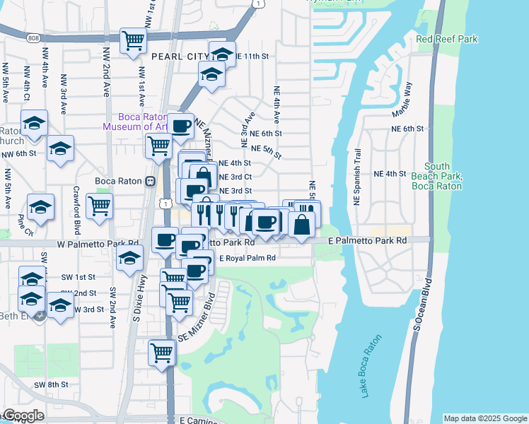 map of restaurants, bars, coffee shops, grocery stores, and more near 344 Northeast 2nd Street in Boca Raton