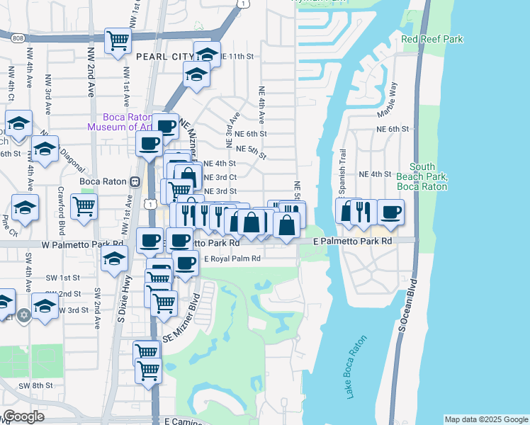 map of restaurants, bars, coffee shops, grocery stores, and more near 180 Northeast 4th Avenue in Boca Raton