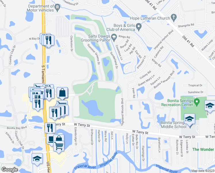 map of restaurants, bars, coffee shops, grocery stores, and more near C Golf Lake Circle in Bonita Springs