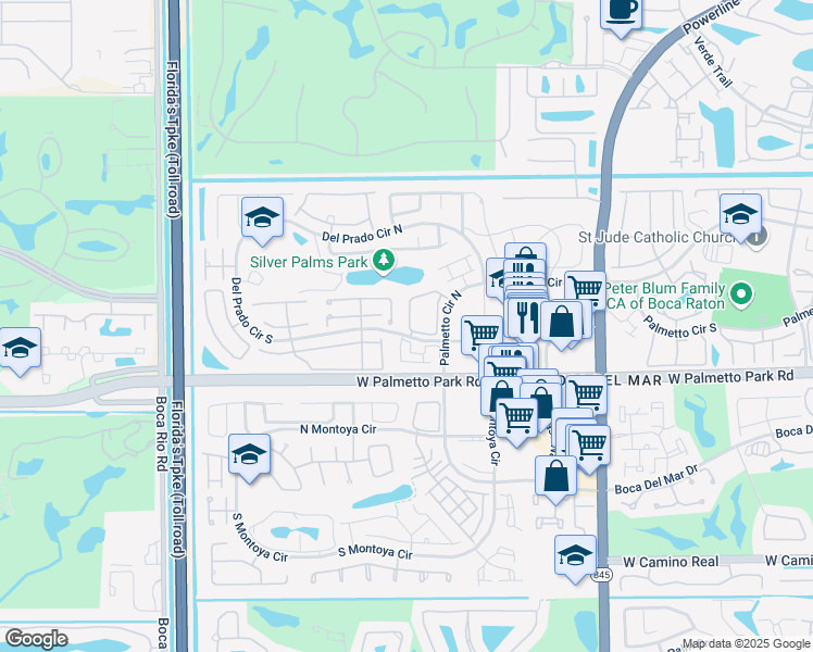 map of restaurants, bars, coffee shops, grocery stores, and more near 88 Lake Forest Circle in Boca Raton