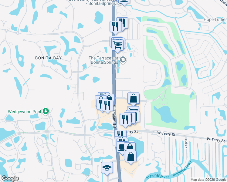 map of restaurants, bars, coffee shops, grocery stores, and more near 26790 South Tamiami Trail in Bonita Springs