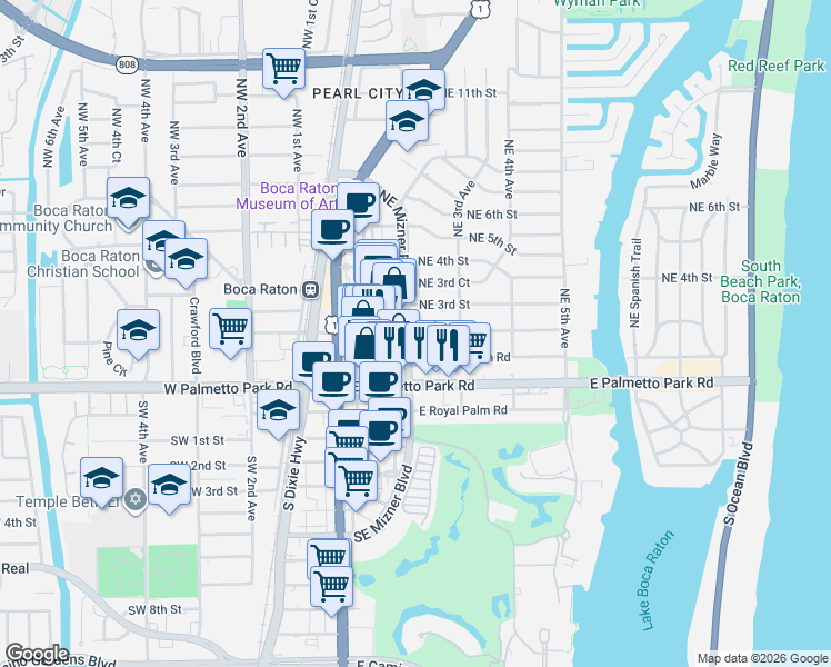 map of restaurants, bars, coffee shops, grocery stores, and more near 220 Northeast 2nd Street in Boca Raton