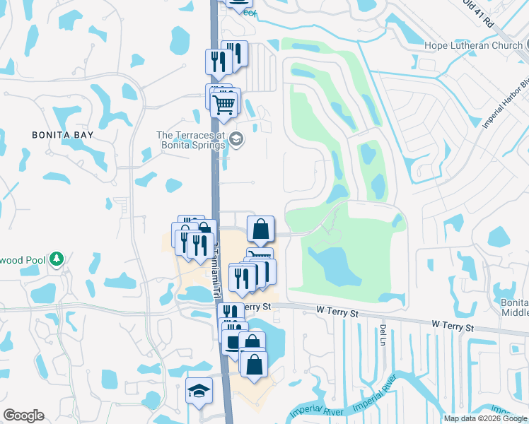 map of restaurants, bars, coffee shops, grocery stores, and more near 26731 Dublin Woods Circle in Bonita Springs