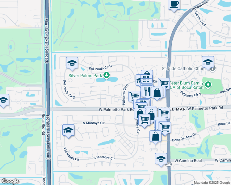 map of restaurants, bars, coffee shops, grocery stores, and more near 88 Lake Forest Circle in Boca Raton