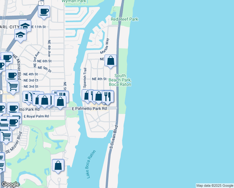 map of restaurants, bars, coffee shops, grocery stores, and more near 207 North Ocean Boulevard in Boca Raton