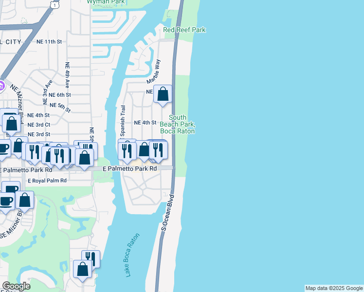 map of restaurants, bars, coffee shops, grocery stores, and more near 207 North Ocean Boulevard in Boca Raton
