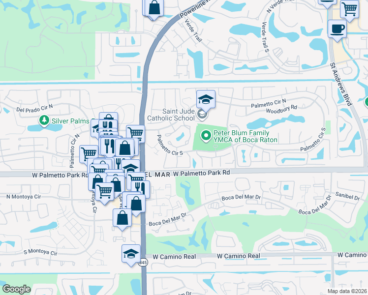 map of restaurants, bars, coffee shops, grocery stores, and more near 6855 Bridlewood Court in Boca Raton