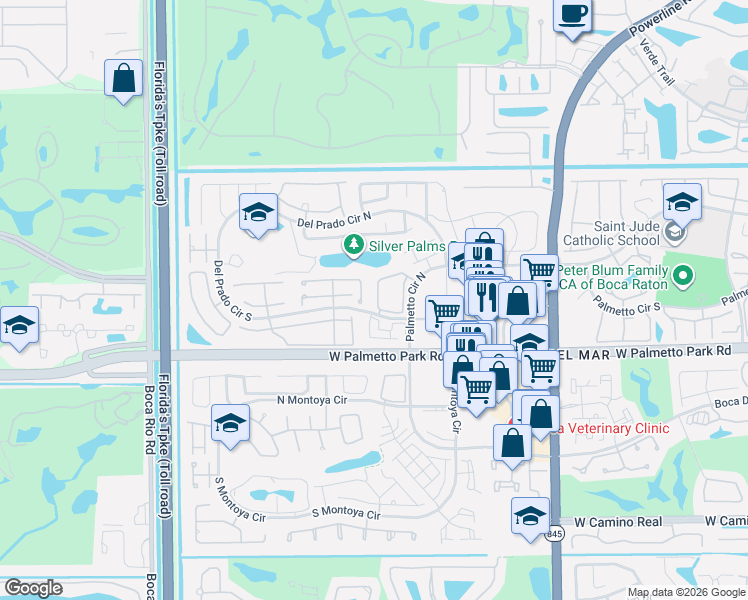 map of restaurants, bars, coffee shops, grocery stores, and more near 88 Lake Forest Circle in Boca Raton