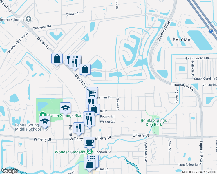 map of restaurants, bars, coffee shops, grocery stores, and more near 26331 Cape Verde Lane in Bonita Springs