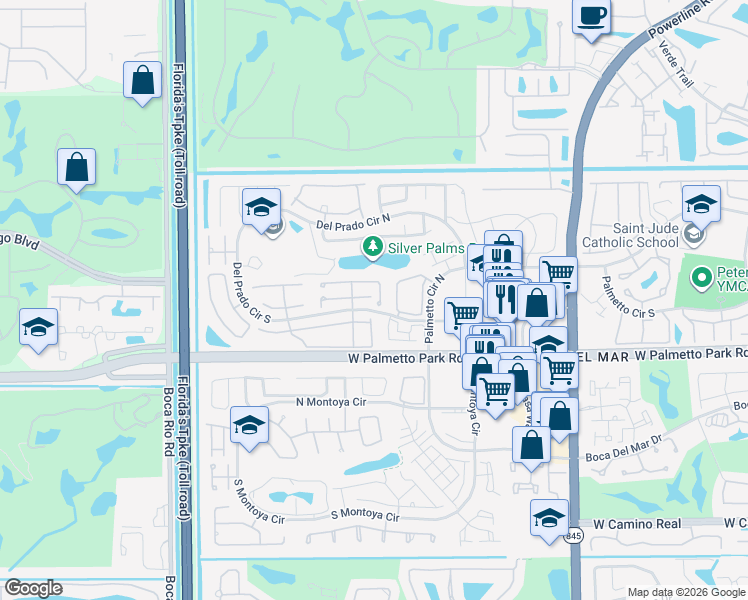 map of restaurants, bars, coffee shops, grocery stores, and more near 7504 Sierra Drive East in Boca Raton