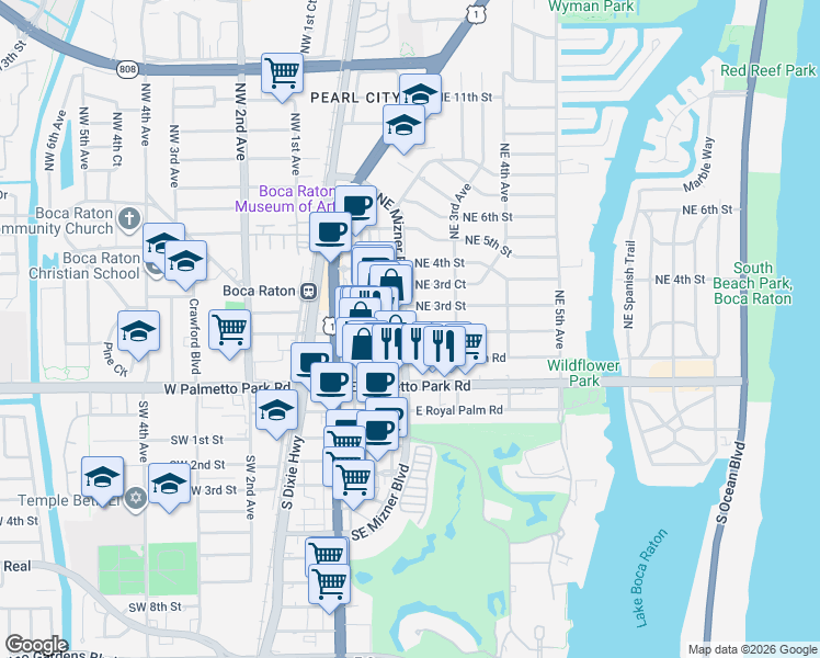 map of restaurants, bars, coffee shops, grocery stores, and more near 220 Northeast 2nd Street in Boca Raton