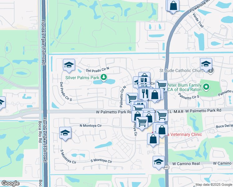 map of restaurants, bars, coffee shops, grocery stores, and more near 161 Lake Forest Circle in Boca Raton
