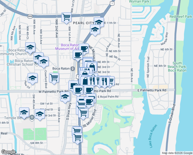 map of restaurants, bars, coffee shops, grocery stores, and more near 220 Northeast 2nd Street in Boca Raton