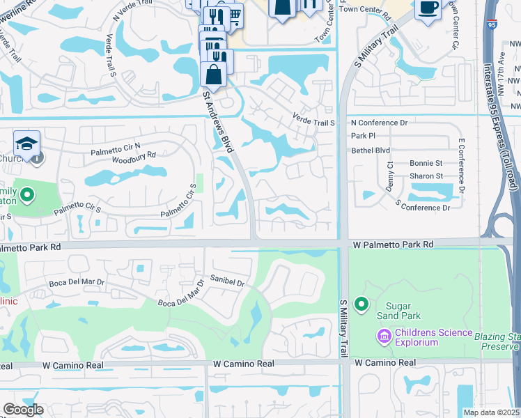 map of restaurants, bars, coffee shops, grocery stores, and more near 5521 Coach House Circle in Boca Raton