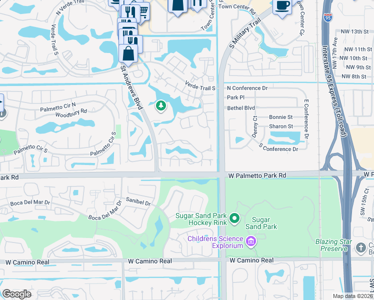 map of restaurants, bars, coffee shops, grocery stores, and more near 5621 Coach House Circle in Boca Raton