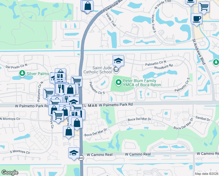 map of restaurants, bars, coffee shops, grocery stores, and more near 6825 Bridlewood Court in Boca Raton