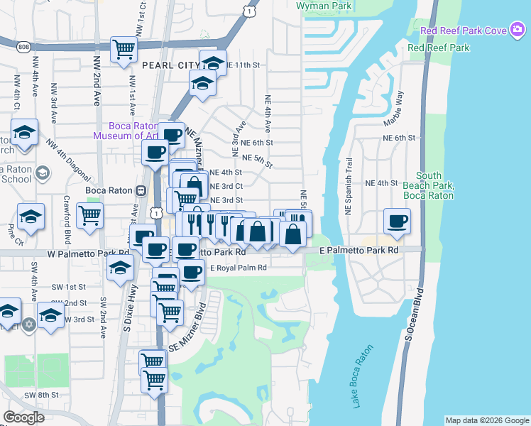 map of restaurants, bars, coffee shops, grocery stores, and more near 344 Northeast 2nd Street in Boca Raton