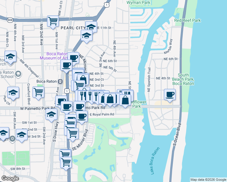 map of restaurants, bars, coffee shops, grocery stores, and more near 344 Northeast 2nd Street in Boca Raton