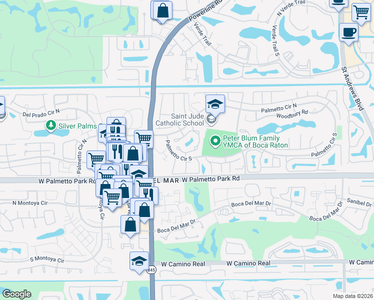 map of restaurants, bars, coffee shops, grocery stores, and more near 6855 Bridlewood Court in Boca Raton