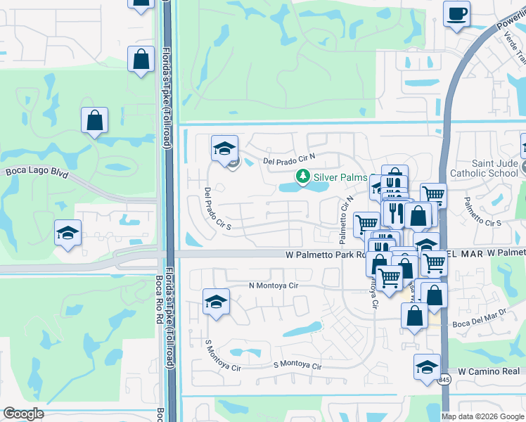 map of restaurants, bars, coffee shops, grocery stores, and more near 7668 Sierra Terrace East in Boca Raton